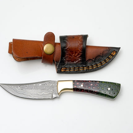 Hand-Forged Damascus Steel Field Knife | Custom Red & Green Honeycomb Resin Handle | Brass Bolster Edition TK-462