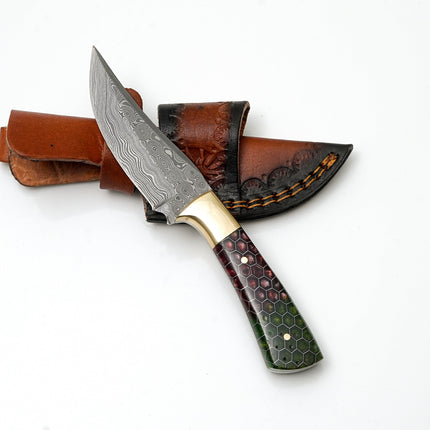 Hand-Forged Damascus Steel Field Knife | Custom Red & Green Honeycomb Resin Handle | Brass Bolster Edition TK-462