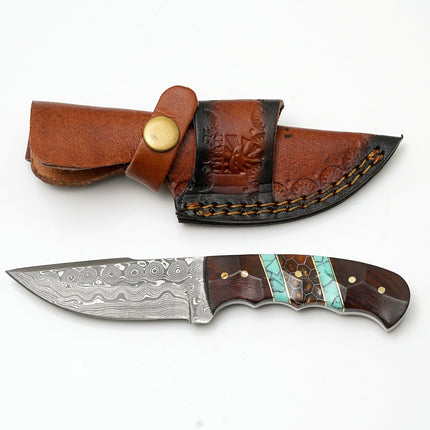 Hand-Forged Damascus Steel Skinner | Custom Amber Honeycomb & Turquoise Handle | Premium Western Field Knife TK-465