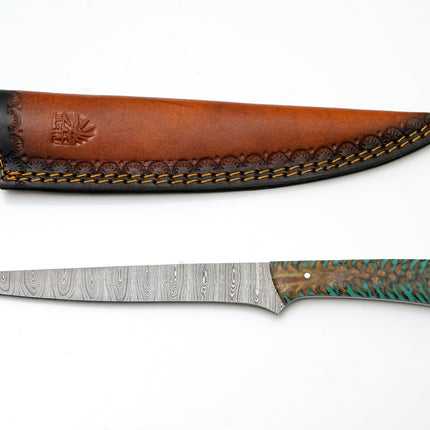 Hand-Forged Damascus Steel Fillet Knife | Custom Teal Pine Cone Resin Handle | Professional Fishing Tool TK-469