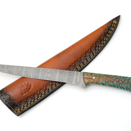 Hand-Forged Damascus Steel Fillet Knife | Custom Teal Pine Cone Resin Handle | Professional Fishing Tool TK-469