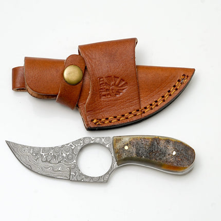 Hand-Forged Damascus Ring Skinner | Natural Ram Horn Handle | Secure Finger-Loop Field Knife TK-472