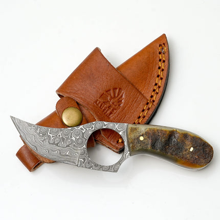 Hand-Forged Damascus Ring Skinner | Natural Ram Horn Handle | Secure Finger-Loop Field Knife TK-472