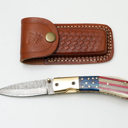 Patriotic American Flag Folding Knife | Hand-Forged Damascus Steel | Custom Blue Pocket Clip Edition TF-101