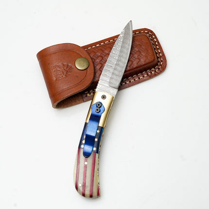 Patriotic American Flag Folding Knife | Hand-Forged Damascus Steel | Custom Blue Pocket Clip Edition TF-101