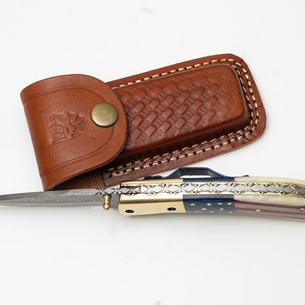 Patriotic American Flag Folding Knife | Hand-Forged Damascus Steel | Custom Blue Pocket Clip Edition TF-101