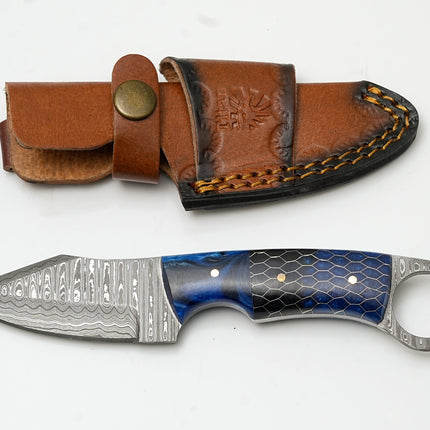 Hand-Forged Damascus Ring Skinner | Custom Blue Honeycomb Handle | Secure Finger-Loop Knife TK-477