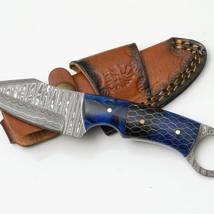 Hand-Forged Damascus Ring Skinner | Custom Blue Honeycomb Handle | Secure Finger-Loop Knife TK-477