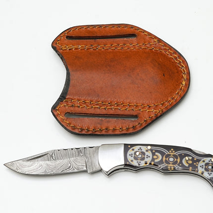 Hand-Forged Damascus Drop Point Folding Knife | Black & Gold Mosaic Handle | Horizontal Carry TF-085