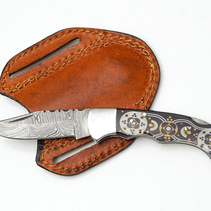 Hand-Forged Damascus Drop Point Folding Knife | Black & Gold Mosaic Handle | Horizontal Carry TF-085