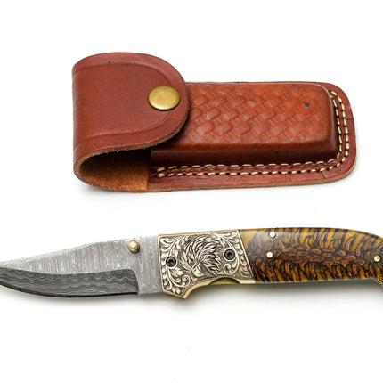 Custom Damascus Steel Clip Point Folding Knife | HAND Engraved Eagle Bolster & Amber Pine Cone Handle TF-104