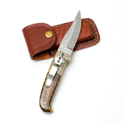 Custom Damascus Steel Clip Point Folding Knife | HAND Engraved Eagle Bolster & Amber Pine Cone Handle TF-104