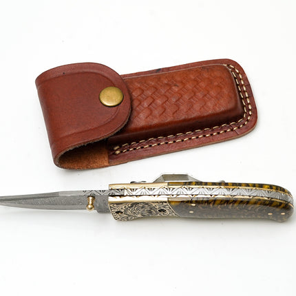 Custom Damascus Steel Clip Point Folding Knife | HAND Engraved Eagle Bolster & Amber Pine Cone Handle TF-104
