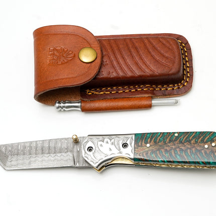 Damascus Steel Tanto Folding Knife | Engraved Bolster & Green Pine Cone Handle | Includes Sharpening Rod TF-123