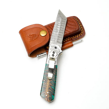 Damascus Steel Tanto Folding Knife | Engraved Bolster & Green Pine Cone Handle | Includes Sharpening Rod TF-123