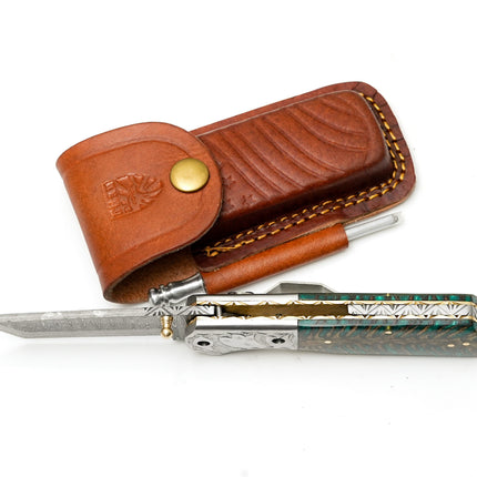 Damascus Steel Tanto Folding Knife | Engraved Bolster & Green Pine Cone Handle | Includes Sharpening Rod TF-123