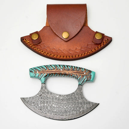Damascus Steel Ulu Knife | Teal Pine Cone Handle | Crescent Blade Skinner & Cutter TK-487