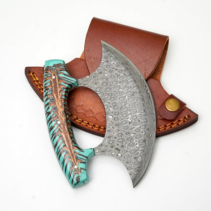 Damascus Steel Ulu Knife | Teal Pine Cone Handle | Crescent Blade Skinner & Cutter TK-487