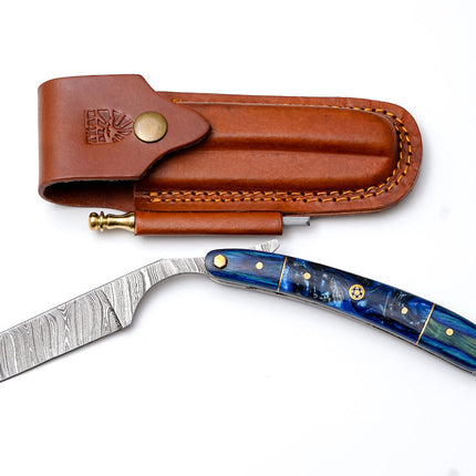 Damascus straight razor with blue resin handle TK-528