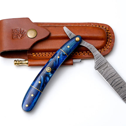 Damascus straight razor with blue resin handle TK-528