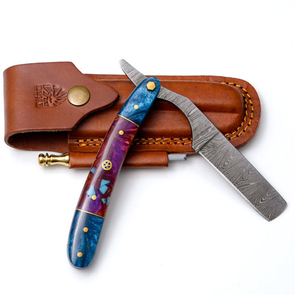 Damascus Straight Razor with Blue & Purple Resin Handle TK-437