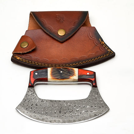 Hand-Forged Damascus Ulu Knife with Leather Sheath - TK-458
