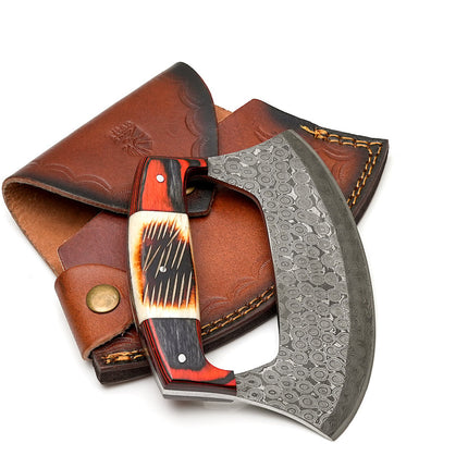 Hand-Forged Damascus Ulu Knife with Leather Sheath - TK-458