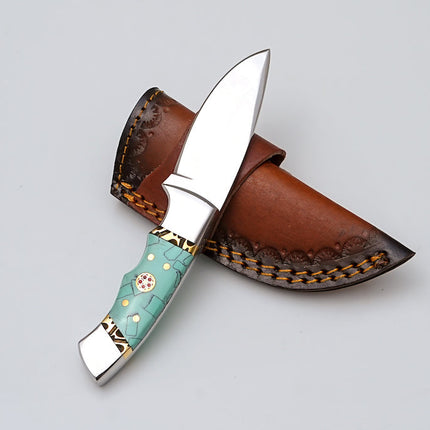 Custom Stainless Steel Knife with Turquoise Mosaic Handle & Leather Sheath - TS-06