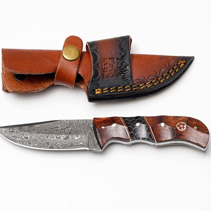 Custom Damascus Steel Drop Point Hunter | Rosewood & Black Honeycomb Handle | Scout Carry Sheath TK-488