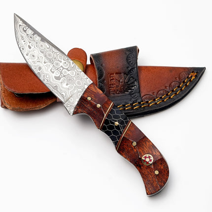 Custom Damascus Steel Drop Point Hunter | Rosewood & Black Honeycomb Handle | Scout Carry Sheath TK-488
