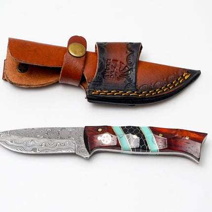 Custom Damascus Steel Drop Point Hunter | Rosewood, Turquoise & Black Honeycomb Handle | Scout Carry TK-489