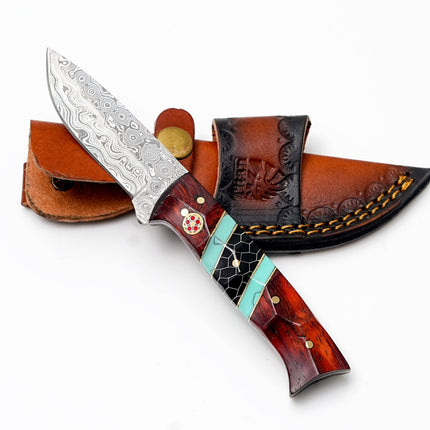 Custom Damascus Steel Drop Point Hunter | Rosewood, Turquoise & Black Honeycomb Handle | Scout Carry TK-489