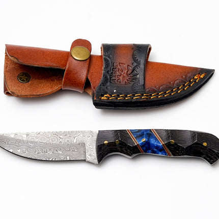 Custom Damascus Steel Drop Point Hunter | Sculpted Black Wood & Blue Resin Handle | Scout Carry TK-490