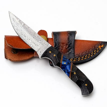Custom Damascus Steel Drop Point Hunter | Sculpted Black Wood & Blue Resin Handle | Scout Carry TK-490