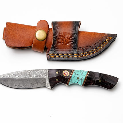 Custom Damascus Steel Drop Point Hunter | Sculpted Wood & Turquoise Inlay Handle | Scout Carry TK-491