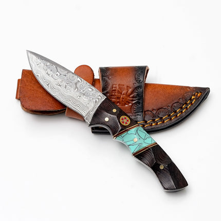 Custom Damascus Steel Drop Point Hunter | Sculpted Wood & Turquoise Inlay Handle | Scout Carry TK-491