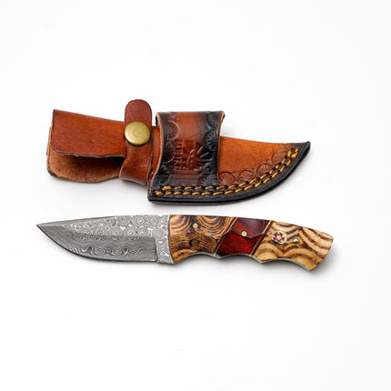 Custom Damascus Steel Drop Point Hunter | Exotic Bocote & Rosewood Handle | Scout Carry TK-493