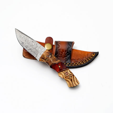 Custom Damascus Steel Drop Point Hunter | Exotic Bocote & Rosewood Handle | Scout Carry TK-493