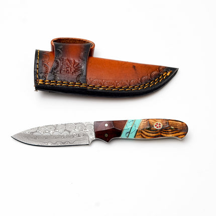 Custom Damascus Steel Drop Point Hunter | Zebrawood, Rosewood & Turquoise Handle | Scout Carry TK-494