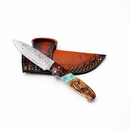 Custom Damascus Steel Drop Point Hunter | Zebrawood, Rosewood & Turquoise Handle | Scout Carry TK-494