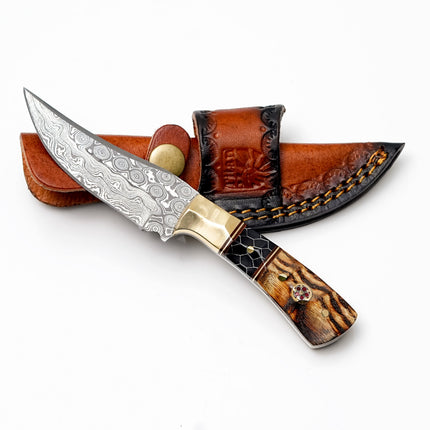 Damascus Steel Trailing Point Hunter | Brass Bolster, Exotic Wood & Honeycomb Handle | Scout Carry TK-495