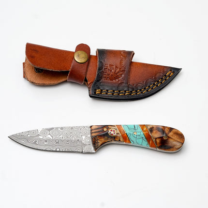 Damascus Steel Drop Point Hunter | Zebrawood, Turquoise & Amber Resin Handle TK-496