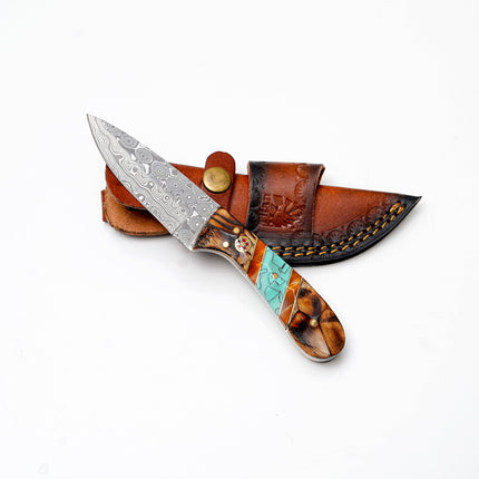 Damascus Steel Drop Point Hunter | Zebrawood, Turquoise & Amber Resin Handle TK-496