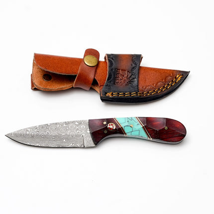 Damascus Steel Drop Point Hunter | Faceted Rosewood & Turquoise Handle | Scout Carry TK-497