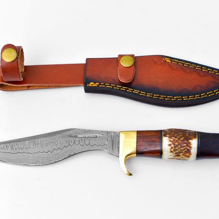 Damascus Steel Outdoor Chopping Tool | Stag Antler, Walnut Wood & Brass Handle TK-127