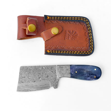 EDC Mini Cleaver/ Handmade Damascus Steel/ Bushcraft knife/ Tactical handle with Dyed Bone Handle TD-231