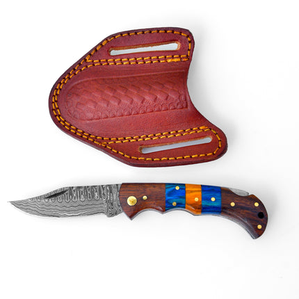 Damascus steel pocket knife Limited Run Black Diamond Wood TF-058