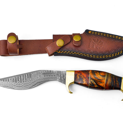 Damascus Steel 'Galaxy' Outdoor Chopping Tool | Orange Resin & Brass Handle TK-206