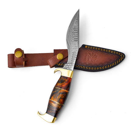 Damascus Steel 'Galaxy' Outdoor Chopping Tool | Orange Resin & Brass Handle TK-206