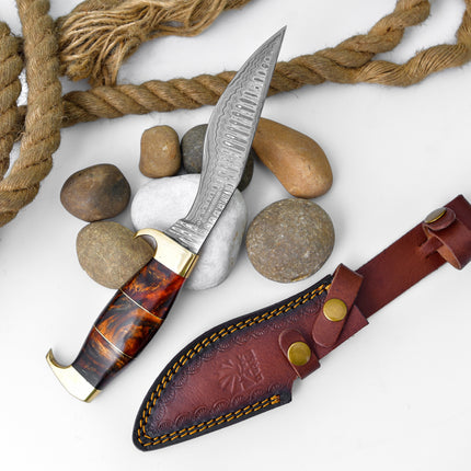 Damascus Steel 'Galaxy' Outdoor Chopping Tool | Orange Resin & Brass Handle TK-206